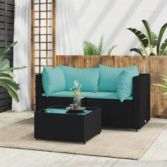 Set Salotto da Esterno in Polyrattan con Cuscini Neri, 3 Pezzi