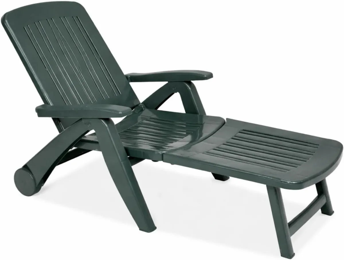 Sdraio Pieghevole in Plastica Verde con Schienale Regolabile e Ruote, 60x190x72 cm, Ideale per Giardino e Piscina