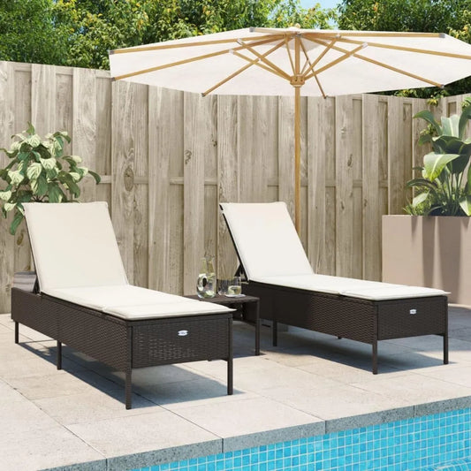 Lettini Prendisole in Polyrattan Marrone con Cuscini, Set di 2 per Giardino e Piscina