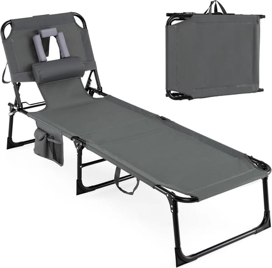 Lettino Prendisole Pieghevole con Foro per Viso, Sacca Portatile e Cuscino, Schienale Regolabile a 4 Posizioni, Capacità 150 kg (Grigio)