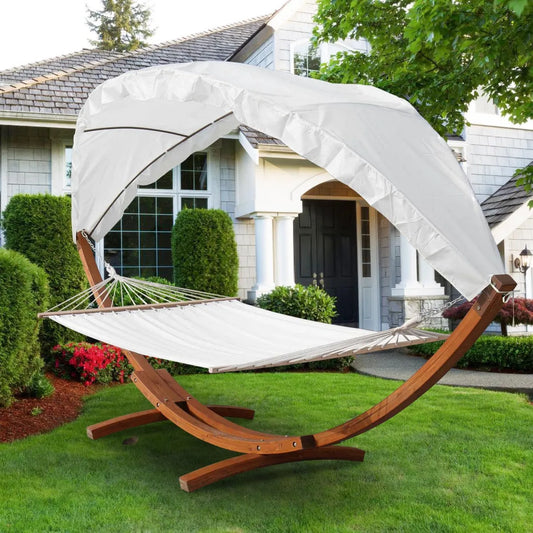 Amaca matrimoniale con supporto in legno e parasole, capacità fino a 200 kg, resistente alle intemperie, ideale per giardino e terrazza