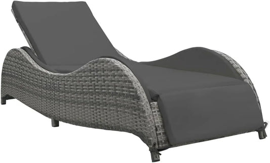 Lettino prendisole in polyrattan con cuscino antracite, struttura in acciaio regolabile, ideale per giardino, terrazzo e piscina