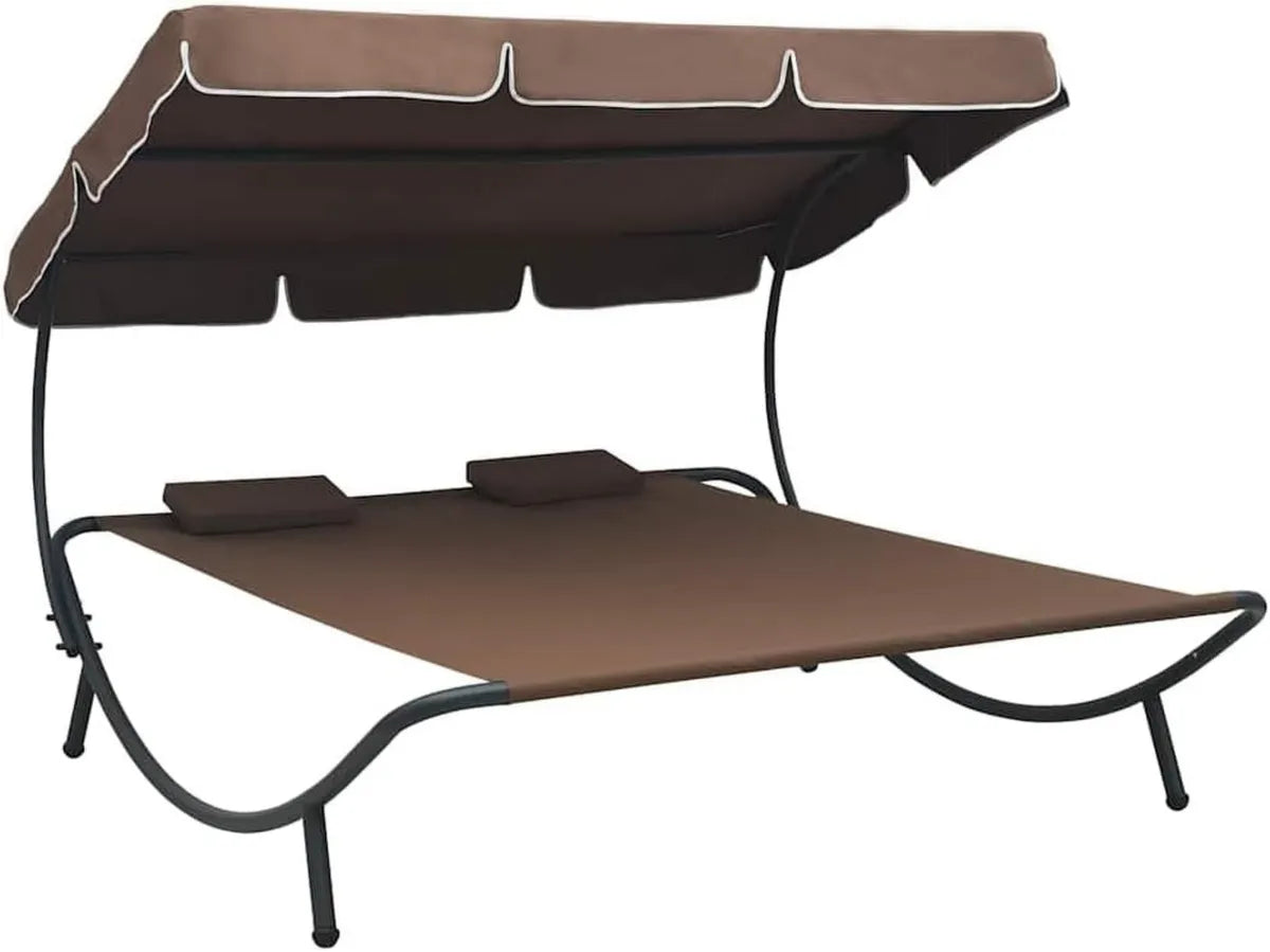 Lettino doppio da giardino con tettuccio e cuscino, marrone, 200x180x135 cm, tessuto Oxford impermeabile