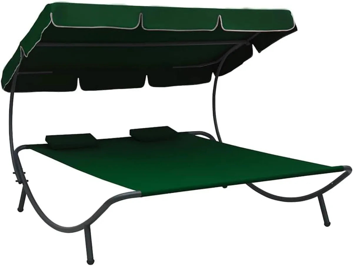 Lettino da giardino con tettoia e cuscino verde, tessuto impermeabile, struttura in acciaio, 200x180x135 cm