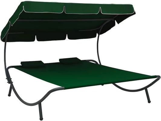 Lettino da giardino con tettoia e cuscino verde, tessuto impermeabile, struttura in acciaio, 200x180x135 cm
