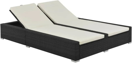 Lettino matrimoniale in polyrattan nero con schienale regolabile e cuscini, 202x145x80 cm, ideale per esterni