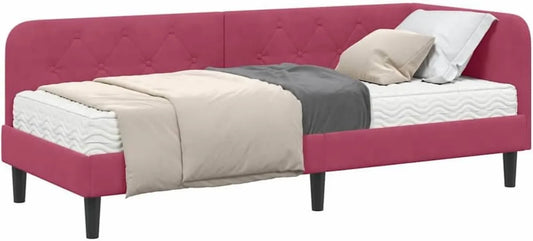 Letto ad Angolo in Velluto Rosso Vino 80x200 cm con Materasso in Schiuma