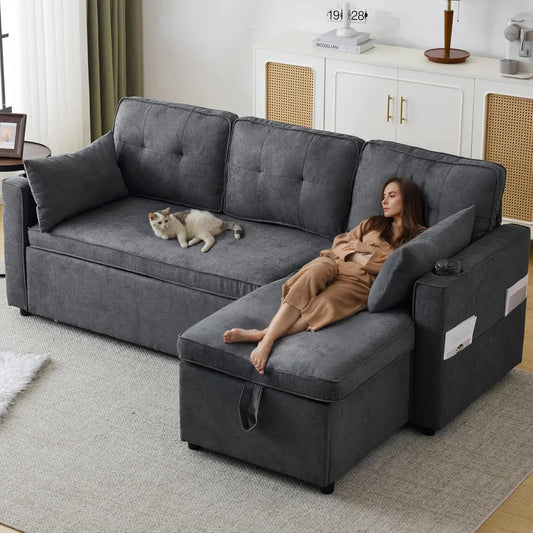 Divano Angolare Letto Moderno con Contenitore e Portabicchieri
