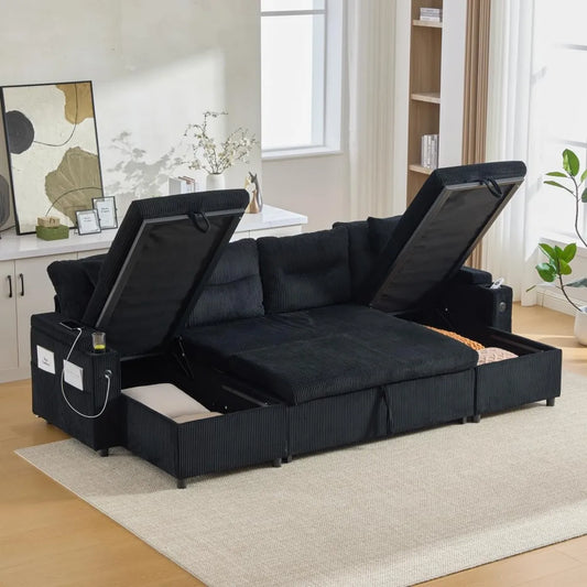 Divano Letto Moderno in Velluto a Coste con Chaise Longue e USB, 4 Posti, Nero
