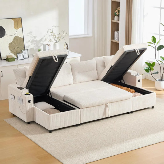 Divano angolare a 4 posti in velluto con chaise longue, vano contenitore e porte USB, colore beige