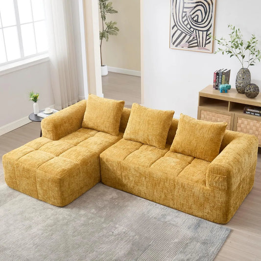 Divano a L in Ciniglia con Chaise Longue e Tasca, Giallo