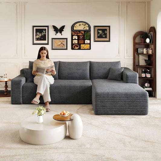 Divano angolare a L con chaise longue, 241 cm, design moderno a coste, seduta bassa, nessun montaggio, ideale per soggiorno