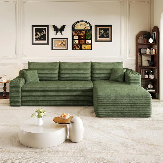 Divano ad Angolo Moderno con Chaise Longue, 241 cm, Tessuto a Coste, Senza Montaggio, Verde