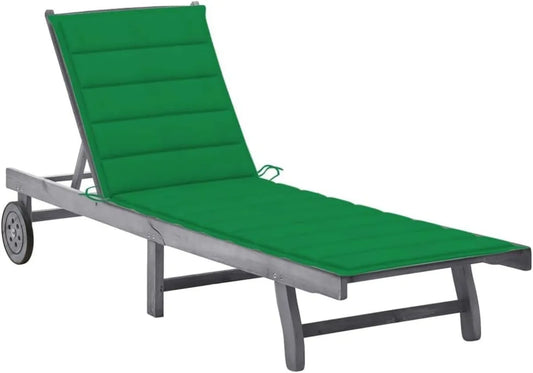Chaise longue regolabile in legno di acacia con cuscino verde, per terrazza e piscina