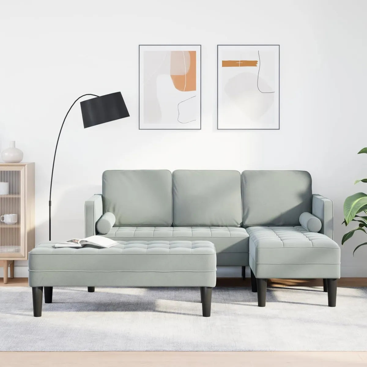 Divano angolare da giardino in velluto grigio con chaise longue e panca integrata, design elegante e struttura in legno robusto per interni ed esterni