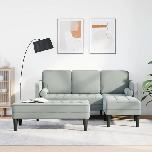 Divano angolare da giardino in velluto grigio con chaise longue e panca integrata, design elegante e struttura in legno robusto per interni ed esterni
