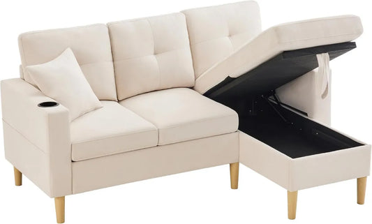 Divano Angolare Beige a L con Chaise Longue e Vano Portaoggetti