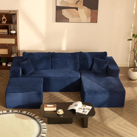 Divano componibile a L con chaise longue sinistra in velluto blu navy