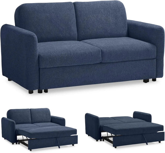 Divano Letto Matrimoniale Blu con Chaise Longue, Schienale Doppio Cuscino