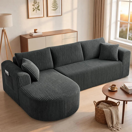 Divano Angolare Modulare in Velluto a Coste con Letto e Chaise Longue, 243 cm