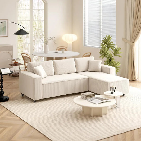 Divano angolare moderno 3 posti con chaise longue in velluto bianco crema, 241x153x83 cm