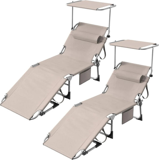 Lettino Prendisole Pieghevole con Tettuccio, Seduta Regolabile in 4 Posizioni, Portatile, Portata 150 kg, Colore Cachi