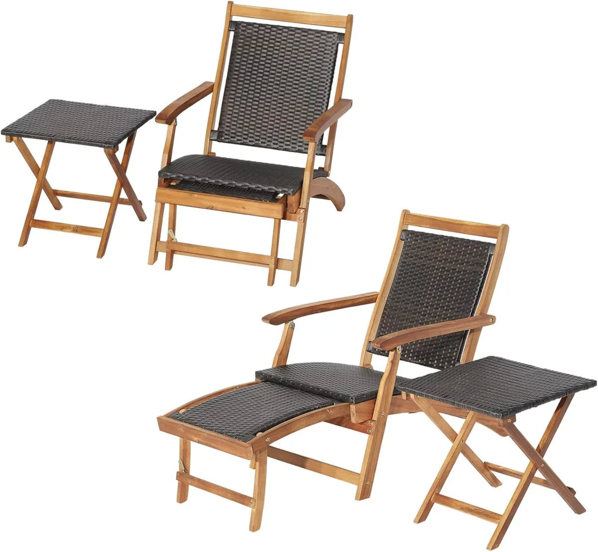 Set di 2 Sdraio Pieghevoli in Rattan con Tavolino per Giardino e Terrazza