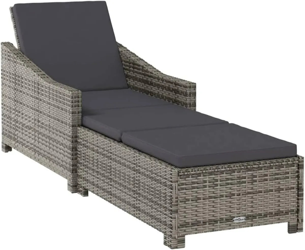 Lettino Prendisole in Polyrattan Grigio con Cuscino, Resistente alle Intemperie
