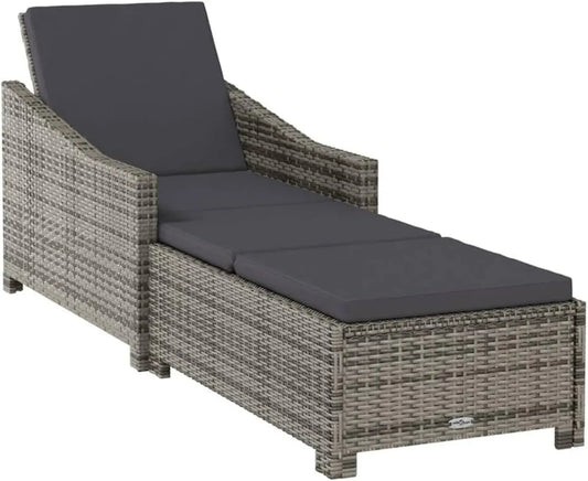 Lettino Prendisole in Polyrattan Grigio con Cuscino, Resistente alle Intemperie