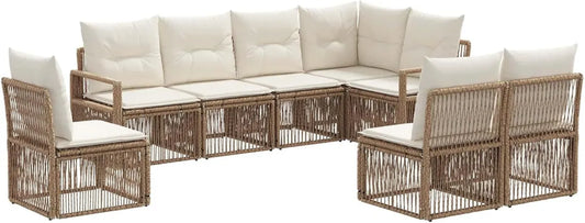 Set Divani da Giardino in Rattan Sintetico Beige, 8 Pezzi, Resistente, Modulare e Moderno