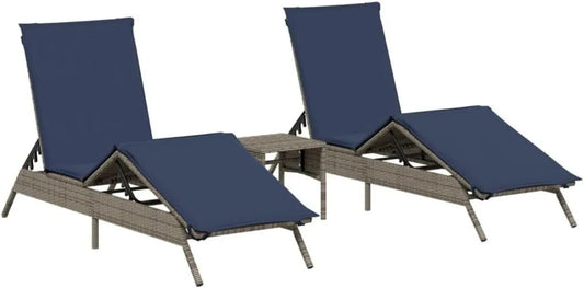 Sdraio in Rattan Sintetico con Tavolo e Cuscini Regolabili, Set 2 Pezzi, Telaio in Acciaio Grigio