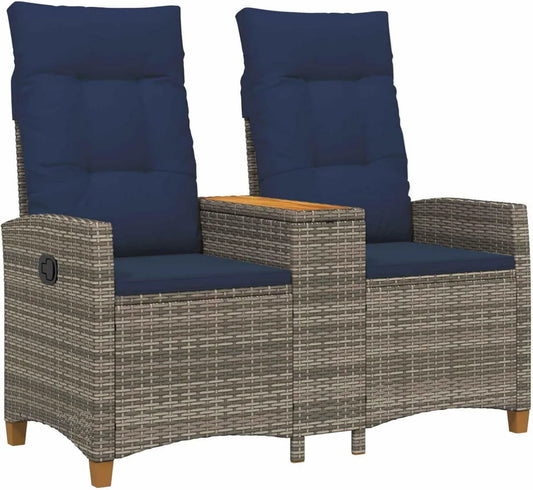 Lettino in rattan regolabile con tavolino, 126x65x112 cm, grigio e blu navy, con cuscino rimovibile, ideale per giardino e terrazza