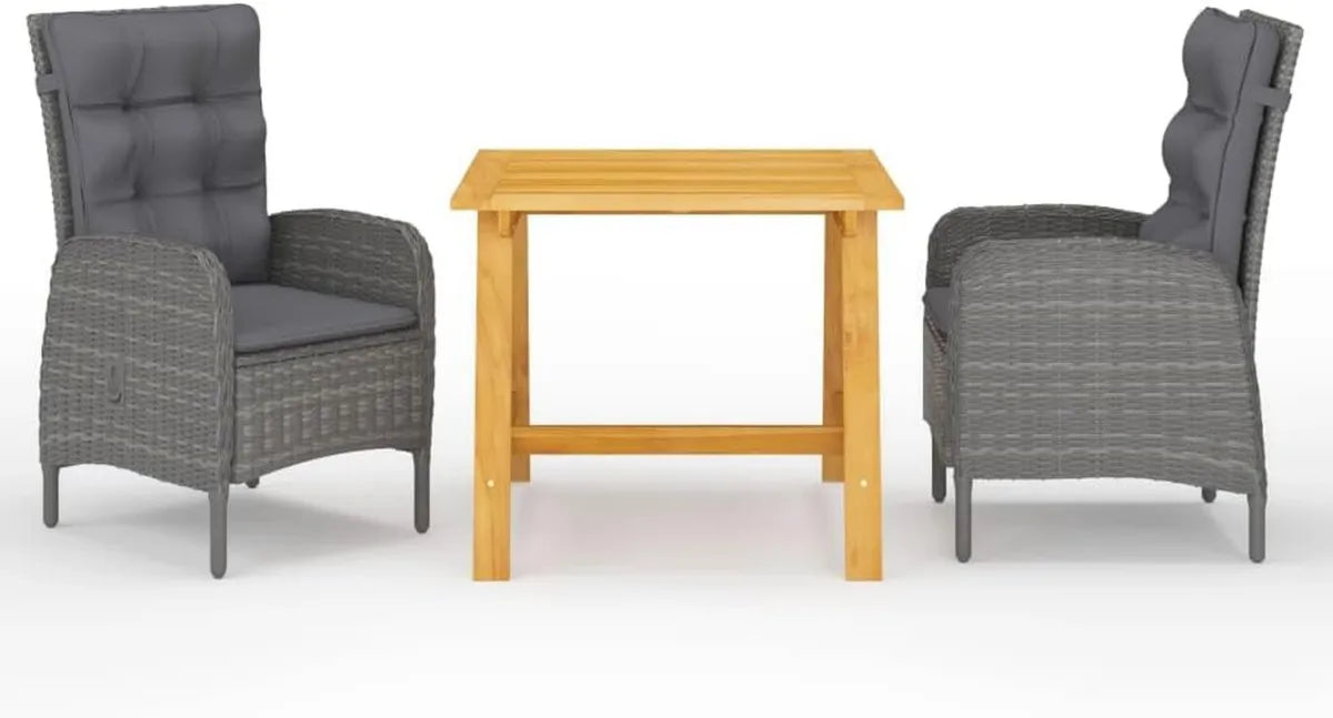 Set pranzo giardino 3 pezzi in legno di acacia e rattan sintetico, grigio