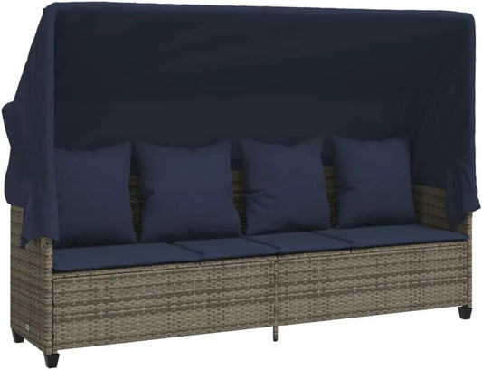 Lettino prendisole in polyrattan grigio con tettoia e cuscino regolabile