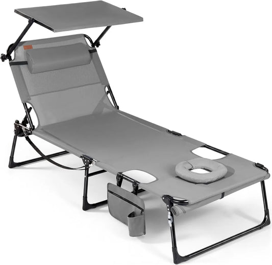 Sedia a Sdraio Pieghevole con Tettuccio Regolabile, Schienale Multi-Posizione, Capacità 180 kg, per Giardino e Spiaggia
