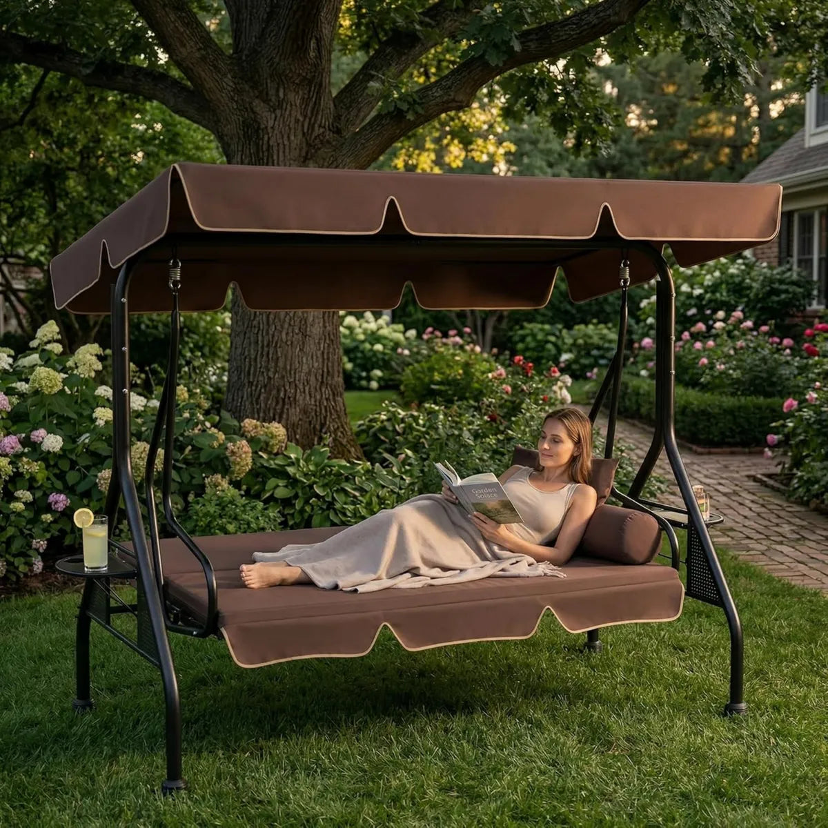 Altalena da Giardino 3 Posti con Tettuccio e Funzione Letto, Capacità 350 kg