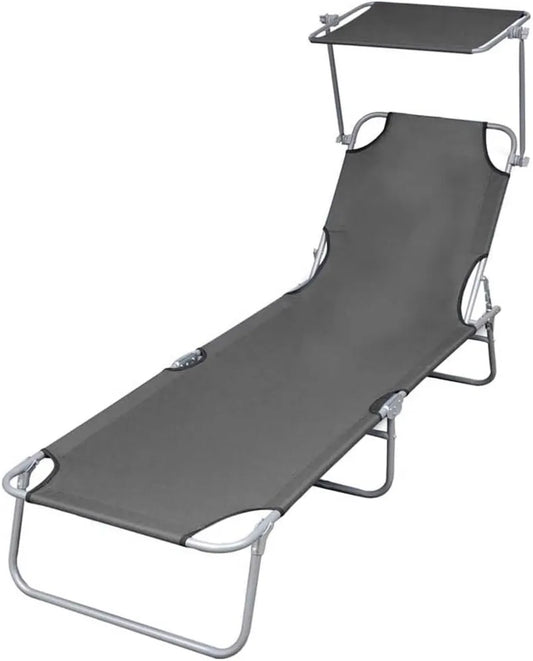 Sedia a sdraio pieghevole ergonomica grigia con schienale regolabile e parasole in acciaio resistente, 189x58x27 cm, ideale per terrazza e balcone