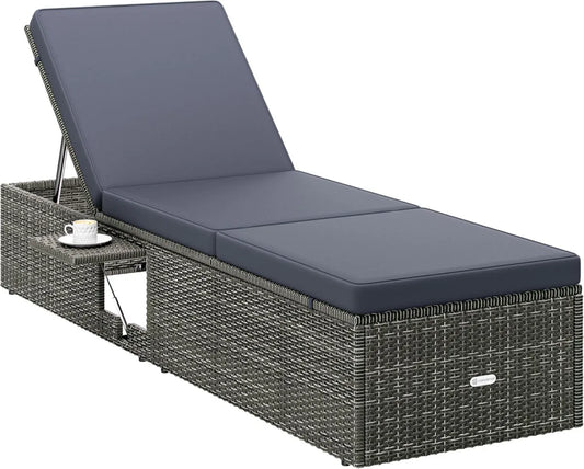 Lettino Prendisole in Polyrattan con Cuscino, Tavolino Pieghevole Inclusi