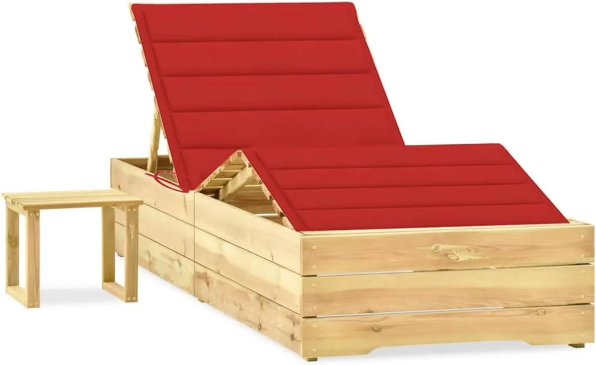 Lettino prendisole in legno di pino con cuscino rosso e tavolino reclinabile - 198x90 cm