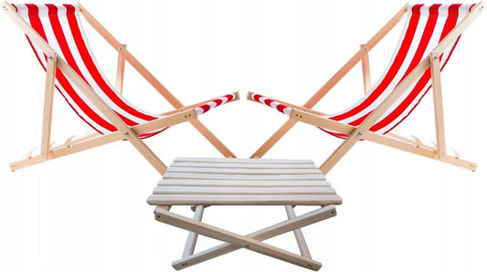 Set 2 Sdraio e Tavolino in Faggio, Schienale Regolabile, Tessuto Traspirante, Portata 120 kg, Resistente, Righe Rosse