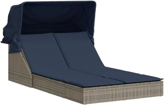 Lettino Doppio in Polyrattan Grigio con Tettuccio e Cuscini
