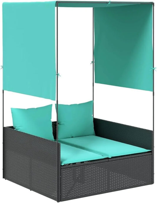 Letto prendisole doppio in polyrattan nero con tendine e tetto per giardino