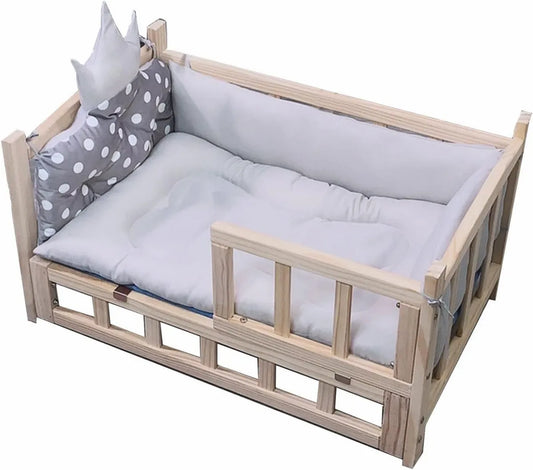 Cuccia di Lusso in Legno per Cani e Gatti con Materasso Morbido Grigio e Recinto, Lettino Invernale Rimovibile, Taglia Grande, Media e Piccola, Multicolore 90x55cm