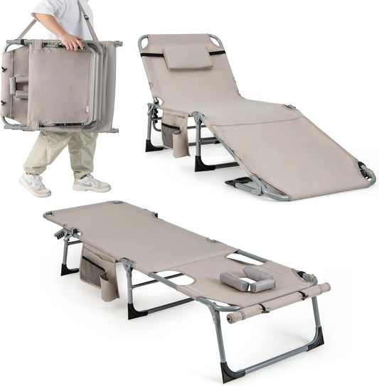 Lettino Prendisole Portatile Pieghevole con Schienale Regolabile e Cuscino, Ideale per Spiaggia e Piscina, Supporto 180 kg, Grigio