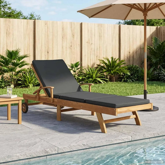 Lettino prendisole in teak regolabile con tavolino e ruote, giardino
