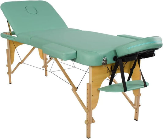 Lettino da Massaggio Portatile 3 Zone in Legno, Pieghevole con Angoli Rinforzati, Ideale per Reiki e Tatuaggi, Verde