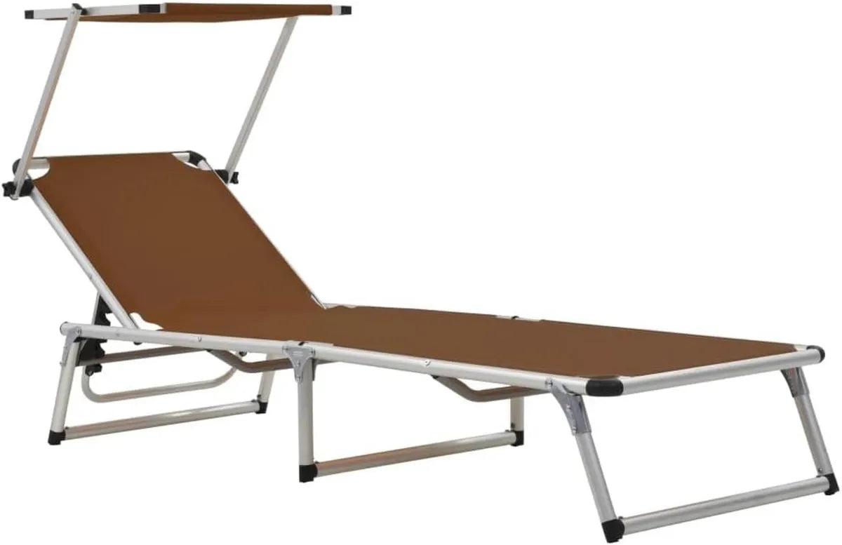 Sedia a sdraio pieghevole in alluminio con parasole, textilene marrone ideale per giardino e piscina