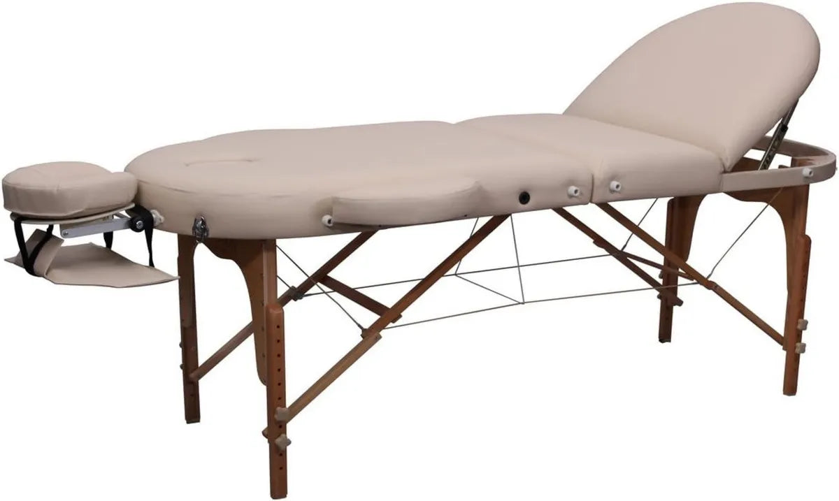 ZEN - Lettino da Massaggio Pieghevole Deluxe in Legno con Schienale Regolabile e Accessori in Alluminio (Crema)