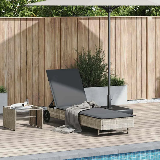 Sdraio in Polyrattan Grigio Chiaro con Ruote e Cuscino, Schienale Regolabile