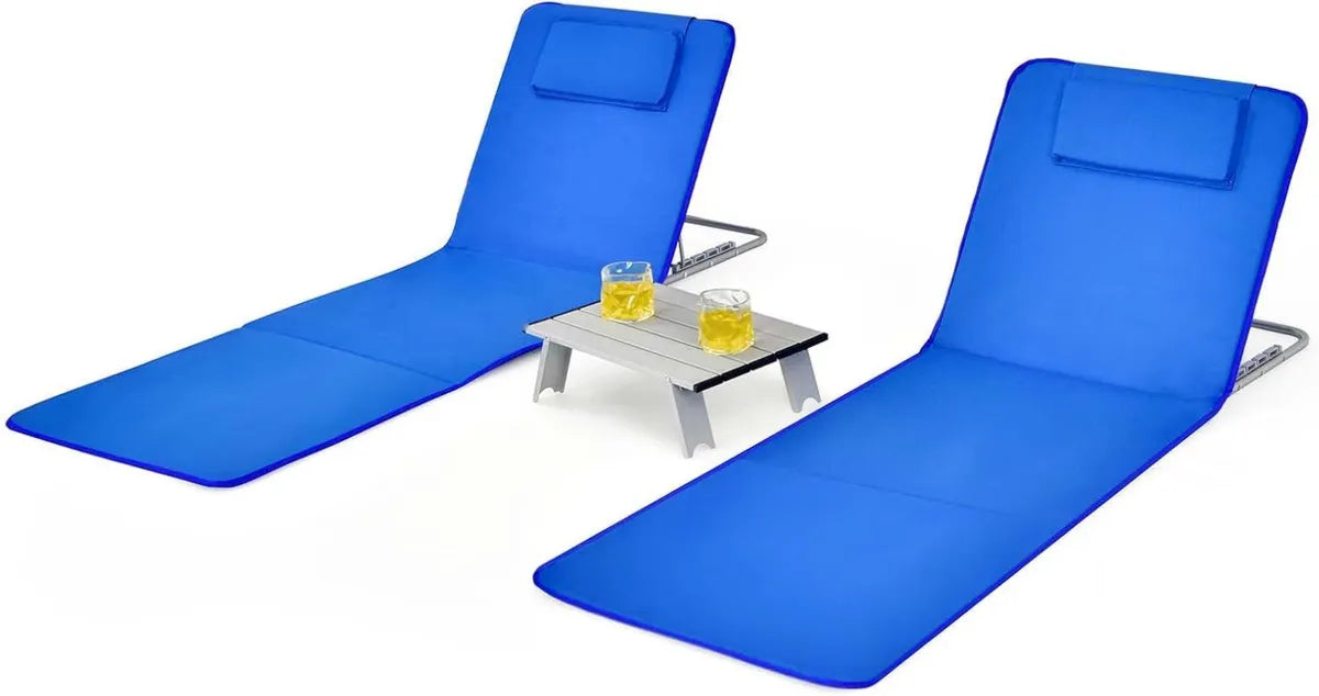 Set 2 Sedie Sdraio da Spiaggia con Tavolino e Schienale Regolabile, Portatile con Poggiatesta e Tasche, Ideale per Giardino e Campeggio